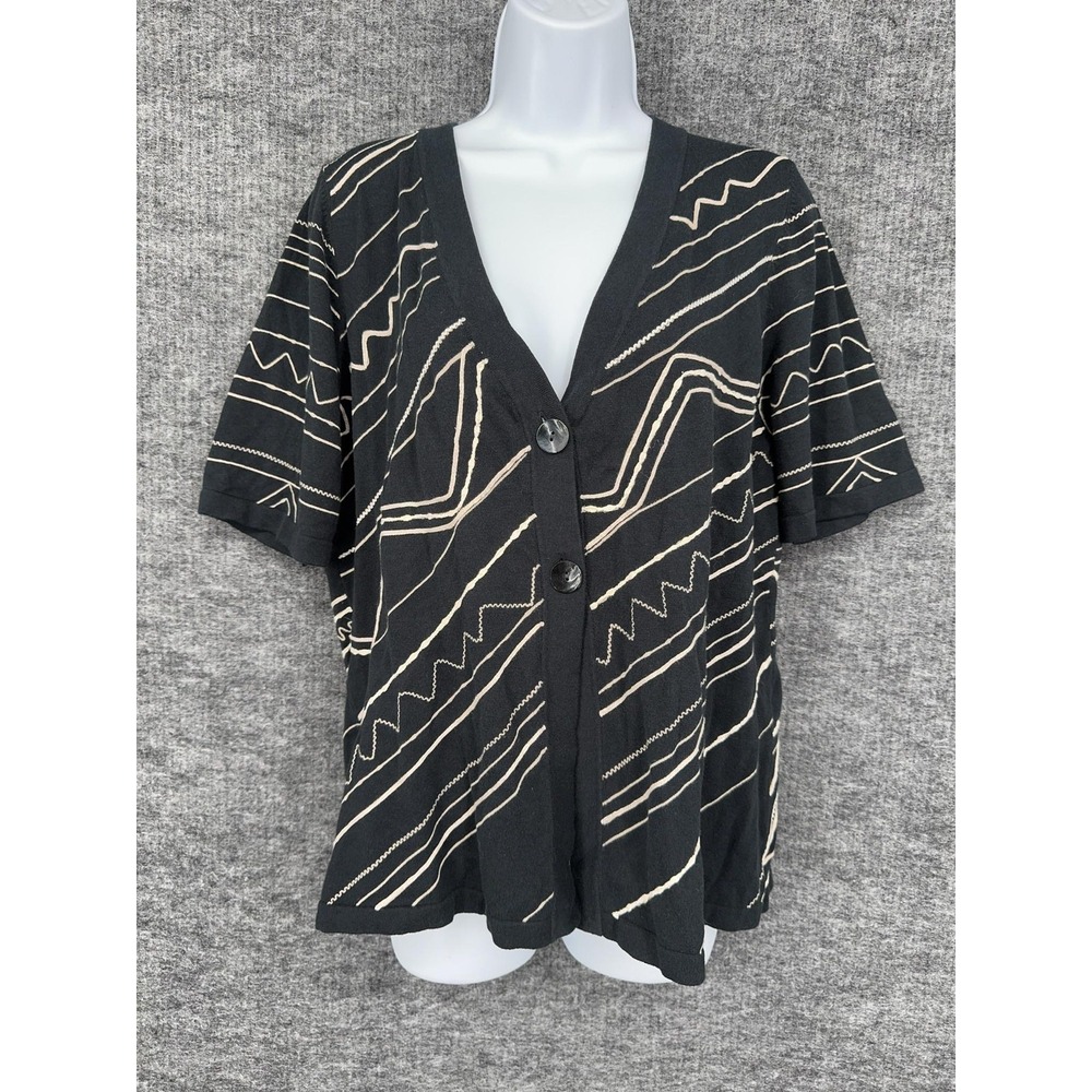 Chicos Cardigan Sweater Womens Large 2 Black Ecru Geometric V Neck Button Knit